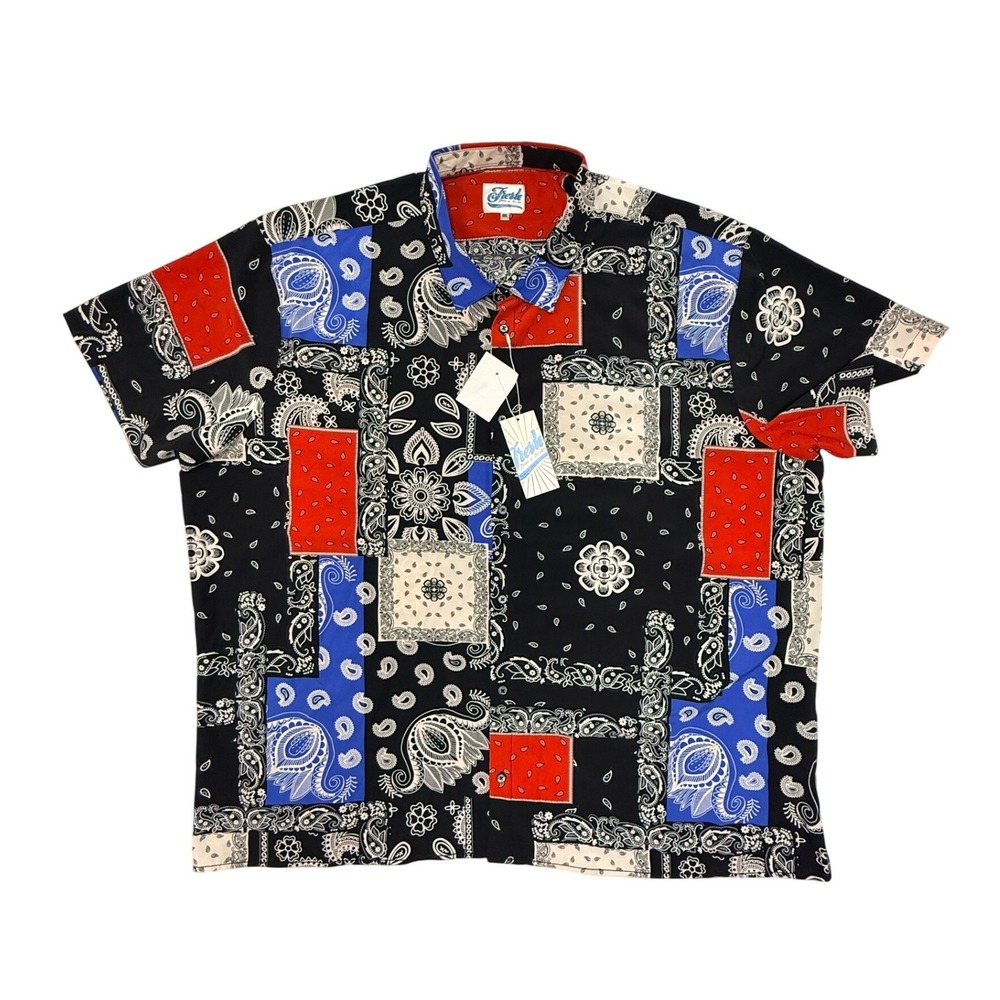 Fresh Prints of Bel-Air Mens 5XL Bandana Paisley Patchwork Shirt Black Red Blue